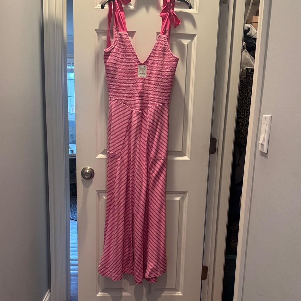 Free People Pink Striped Tie-Shoulder Maxi Dress